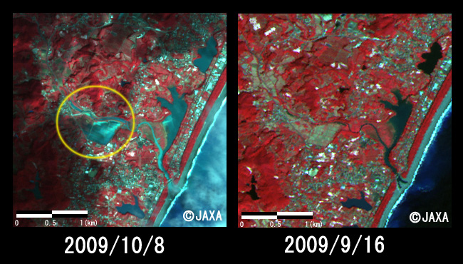 図4:三重県御浜町付近の拡大(それぞれ約3km四方のエリア)、(左：2009年10月8日(台風通過後)、右：2009年9月16日(台風通過前)、フォールスカラー画像