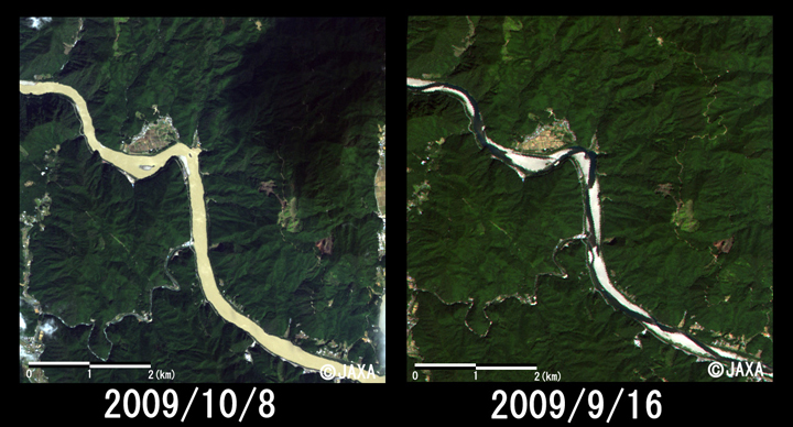 図5:熊野川流域の拡大(それぞれ約6km四方のエリア)、(左：2009年10月8日(台風通過後)、右：2009年9月16日(台風通過前)、トゥルーカラー画像
