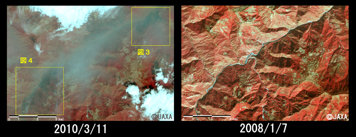 図2:陸域観測技術衛星「だいち」(ALOS)搭載センサ高性能可視近赤外放射計2型(アブニール・ツー)により観測された火災により焼失したと考えられる箇所周辺の拡大(それぞれ約17km×12kmのエリア)、左：火災後(2010年3月11日), 右：火災前(2008年1月7日)のフォールスカラー画像