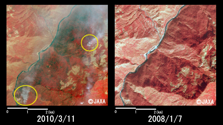 図4:陸域観測技術衛星「だいち」(ALOS)搭載センサ高性能可視近赤外放射計2型(アブニール・ツー)により観測された火災により焼失したと考えられる箇所周辺の拡大(それぞれ約5km×5kmのエリア)、左：火災後(2010年3月11日), 右：火災前(2008年1月7日)のフォールスカラー画像
