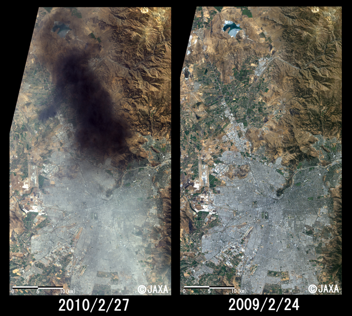 図2:サンチアゴ付近の拡大(30×60km四方のエリア)、左：地震後観測(22010年2月27日), 右：地震前観測(2009年2月24日)