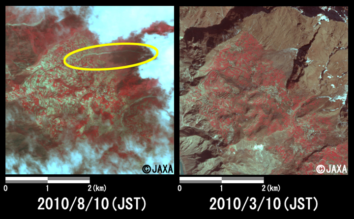 図3:土砂崩れが発生した没水山付近の拡大(それぞれ4km四方)。左：2010年8月10日(災害発生後)、右：2010年3月10日(災害発生前)