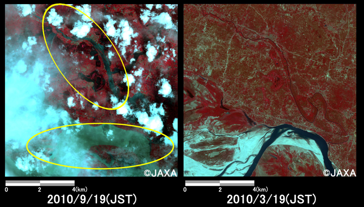 }3:ChkSiswant߂̉͐쑝̗lq(ꂼ10km~10km̃GA)B}: ЊQ(2010N919)AE}: ЊQO(2010N319)