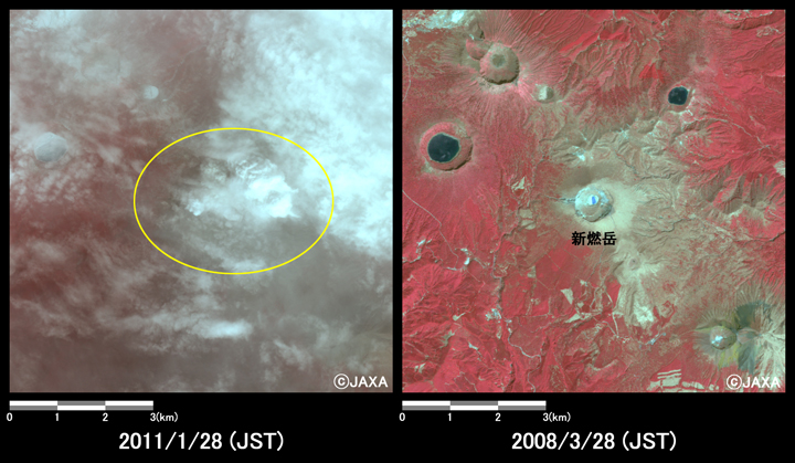 図2:陸域観測技術衛星「だいち」搭載センサ、アブニール・ツーで観測された新燃岳付近の噴火の様子(約8km×8kmのエリア)。左：噴火後(2011年1月28日)、右：噴火前(2008年3月28日)