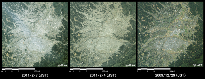 }3:ϑZpquvڃZTAAuj[Ec[Ŋϑꂽss̍~D̗lq(20km~20km̃GA)BFΌ(2011N27)AFΌ(2011N24)AEFΑO(2009N1229)