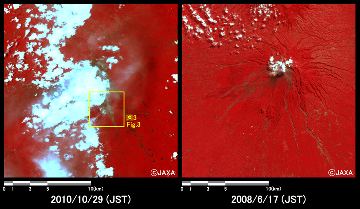 図2:陸域観測技術衛星「だいち」搭載センサ、アブニール・ツーで観測されたムラピ山の様子(それぞれ約20kmＸ20kmのエリア、黄枠: 図3の範囲)。左：噴火後(2010年10月29日)、右：噴火前(2008年6月17日)