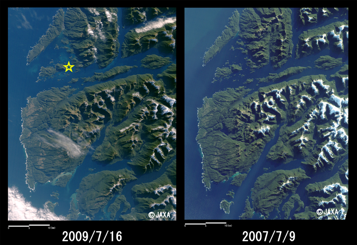 図2:ニュージーランド南島沖震央付近の切出し画像(それぞれ約40km×50km、左:地震後、2009年7月16日観測、右:地震前、2007年7月9日観測)