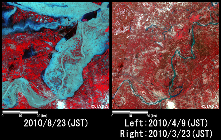 図2:サッカル付近の河川増水の様子(約60km×60kmのエリア)。左図：災害後(2010年8月23日)、右図：災害前(2010年3月23日)