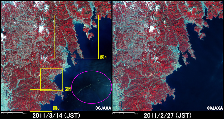 図3:陸域観測技術衛星「だいち」搭載センサ、アブニール・ツーで観測された陸前高田から南三陸までの冠水の様子(約50km×50kmのエリア、左:地震後(2011年3月14日)、右：地震前(2011年2月27日))