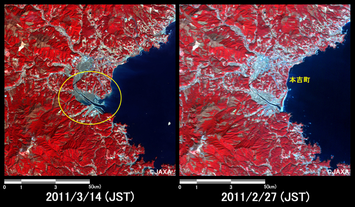 図5:陸域観測技術衛星「だいち」搭載センサ、アブニール・ツーで観測された本吉町の冠水の様子(約10km×10kmのエリア、左:地震後(2011年3月14日)、右：地震前(2011年2月27日))