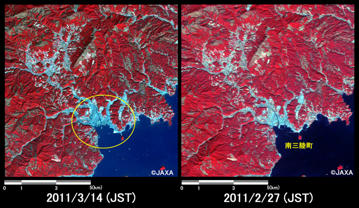 図6:陸域観測技術衛星「だいち」搭載センサ、アブニール・ツーで観測された南三陸町付近の様子(約10km×10kmのエリア、左:地震後(2011年3月14日)、右：地震前(2011年2月27日))