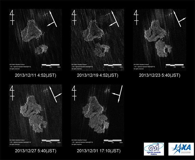 }2:COSMO-SkyMedɂ鐼Vt߂̎n摜Be摜E͉̒qisAZ̓r[Ǝ˕\ (i}F2013N1211ϑA}F2013N1219ϑAE}F2013N1223ϑAi}F2013N1227ϑAiE}F2013N1231ϑ)