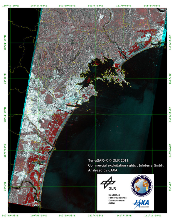 図5:DLRのTerra-SAR-Xによる仙台市の津波被災領域抽出(R:2010年10月20日、G/B：2011年3月13日観測、入射角37.3度)
