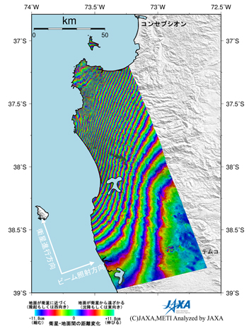 図2左：2010年2月27日15時34分頃(日本時間)に発生したチリ中部の沿岸地震震央付近の領域を陸域観測技術衛星「だいち」(ALOS)搭載のLバンド合成開口レーダ(PALSAR；パルサー)により地震後の観測画像(2010年3月2日)と地震前(2010年1月15日)に取得した同じ軌道からの画像を使用して作成した差分干渉処理画像