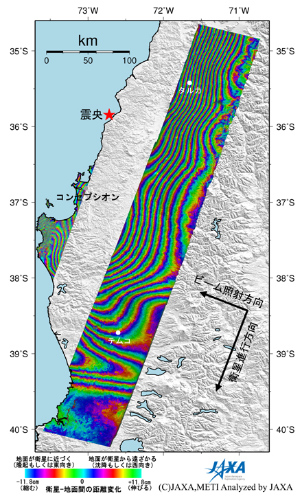 図3: 差分干渉画像(地殻変動図、2010年3月18日までに実施した2010年2月27日発生のチリ地震に関する観測の結果、降交軌道のみ)
