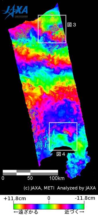 図2左:2つの地震に伴う地殻変動を検出するため、陸域観測技術衛星「だいち」(ALOS)搭載のLバンド合成開口レーダ(PALSAR；パルサー)により観測された地震前(2011年2月24日)と地震後(2011年4月11日)の画像を使用して作成した差分干渉処理画像