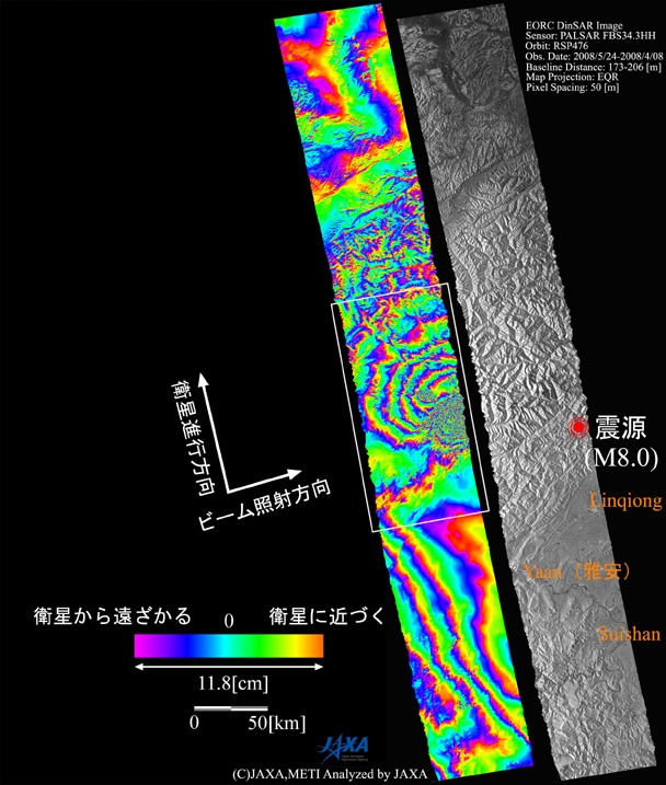 図1:陸域観測技術衛星「だいち」(ALOS)搭載のＬバンド合成開口レーダ(PALSAR；パルサー)による平成20年5月25日(同年5月24日UTC)観測の中国四川省大地震被災地域。左は地震前と地震後を比較した差分干渉画像、右は南北700kmにわたる地震後の画像を示したもの。