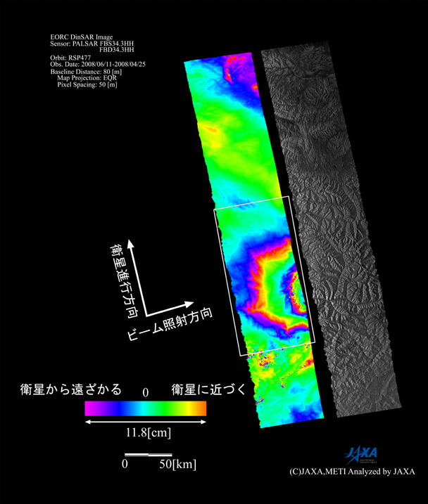 図2:陸域観測技術衛星「だいち」(ALOS)搭載のＬバンド合成開口レーダ(PALSAR;パルサー)による平成20年6月11日(同年6月10日UTC)観測の中国四川省大地震被災地域(震央からすぐ西の領域)画像。左は地震前と地震後を比較した差分干渉画像、右は南北450kmにわたる地震後の画像を示したもの。