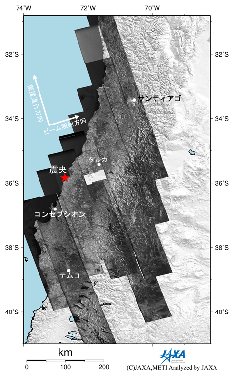 図3: 地震後のPALSAR強度画像(これまでに実施した2010年2月27日発生のチリ地震に関する観測結果)