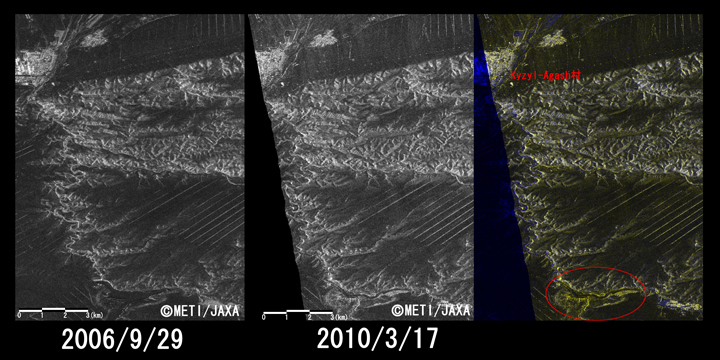 }3:ϑZpquv(ALOS)ϑ󂵂ƎvKyzyl_Kyzyl-Agasht߂g債pT[摜(ꂼ10km~13.3km̃GA)BЊQO2006N929ϑA^ЊQ2010N317ϑAE񎞊̃J[摜BԊۂ̓_΂̈ʒu