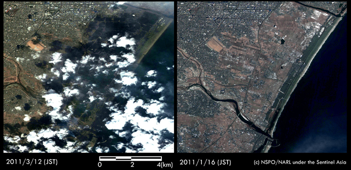 図2:FORMSAT-2(フォルモサット・ツー)観測による仙台市、名取市の冠水の様子(左:災害後(2011年3月12日)、右:災害前(2011年1月16日))