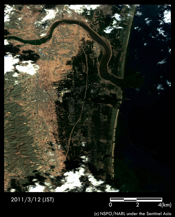 図3:FORMSAT-2(フォルモサット・ツー)観測による岩沼市、亘理町付近の冠水の様子(2011年3月12日)