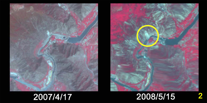 図2の拡大画像(左：平成19年4月17日(災害前)観測, 右：平成20年5月15日(災害後)観測)