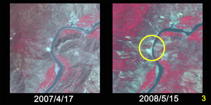 図2の拡大画像(左：平成19年4月17日(災害前)観測, 右：平成20年5月15日(災害後)観測)