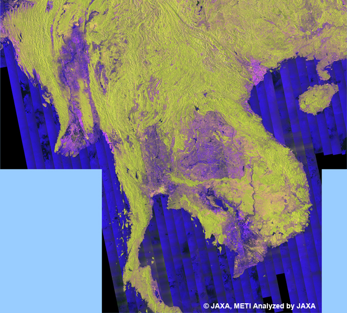 図1: PALSAR観測による 50mオルソモザイクプロダクトのインドシナ領域(夏期)。観測は2007年8、9、10月を中心としたもので、6月12日〜11月30日までを使用しています