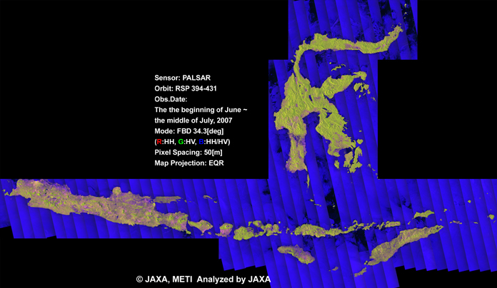 図1: 2007年6月初旬〜7月中旬のPALSAR観測による50mオルソモザイクプロダクトのジャワ、スラウェシカラーモザイク