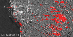 }8(a)F2013N1022ɊϑPi-SAR-L2摜f[^HHΔg摜ɕω̈dˍ킹ωo摜i哇nt߂̖4km~2km͈̔́A()ϑj