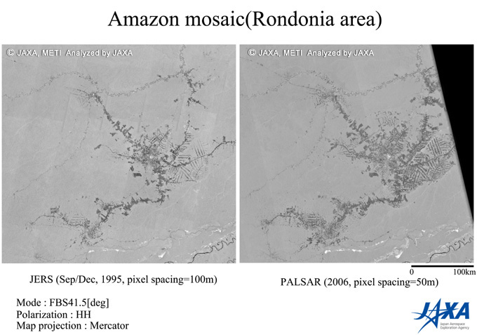 図1:ロンドニア地方の11年間にわたる森林伐採の状況。左)1995年に観測したJERS-1 SARのモザイク画像。右)2006年に観測したPALSARのモザイク画像。