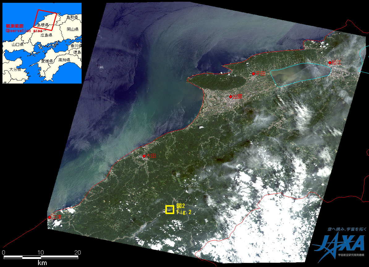 図1:2010年7月16日11時03分頃(日本時間)観測した島根県付近のアブニール・ツー画像(ポインティング角度: 0度、黄色枠:図2拡大画像の範囲)
