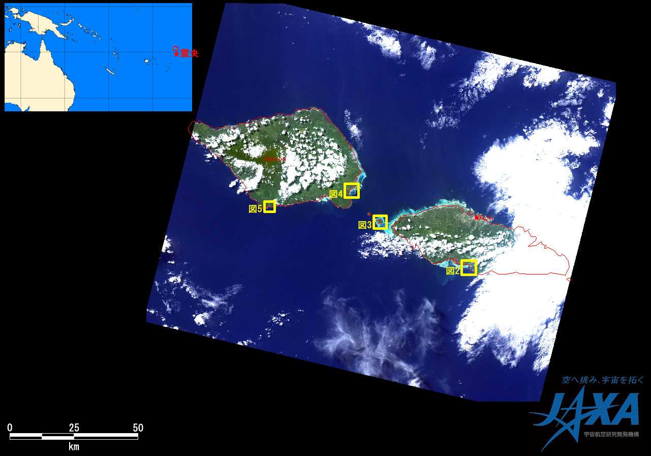 図1:2009年10月1日午前6時26分頃(日本時間)に陸域観測技術衛星「だいち」(ALOS)搭載センサ高性能可視近赤外放射計2型(アブニール・ツー)により観測された画像全体(ポインティング角：-43.0度, 黄枠：図2~5拡大画像の範囲)