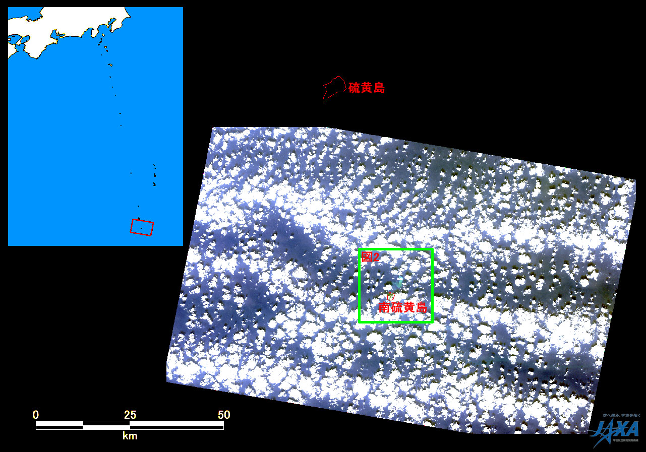図1:陸域観測技術衛星「だいち」(ALOS)搭載センサ高性能可視近赤外放射計2型(アブニール・ツー)により2010年2月7日午前10時01分頃(日本時間)に観測した画像の全体図、緑枠:は図2拡大画像の範囲