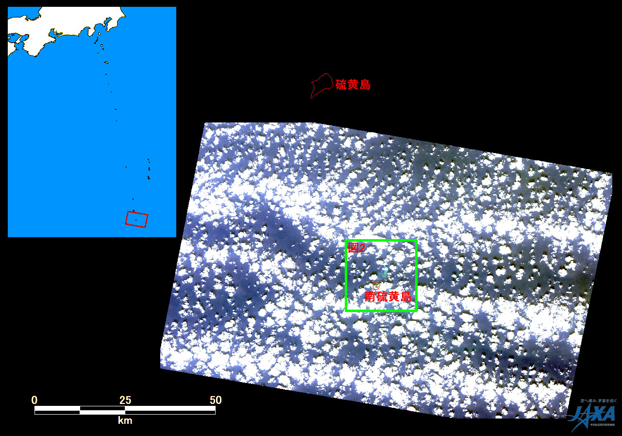 図1:陸域観測技術衛星「だいち」(ALOS)搭載センサ高性能可視近赤外放射計2型(アブニール・ツー)により2010年2月7日午前10時01分頃(日本時間)に観測した画像の全体図、緑枠:は図2拡大画像の範囲