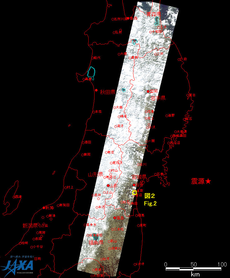 図1:今回観測したアブニール・ツー画像全体(ポインティング角度: 0度, 黄色枠：図2の範囲)、2011年3月12日10時28分頃(日本時間)観測