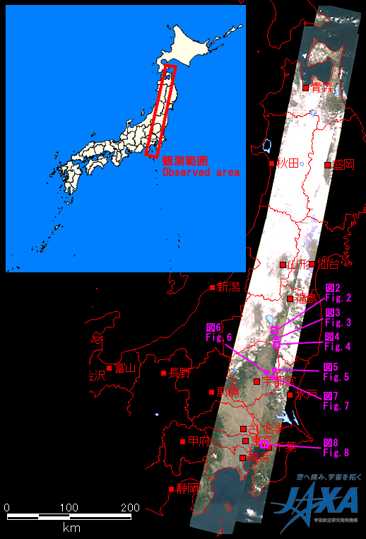 図1:2011年3月29日10時30分頃、3月31日10時43分頃(日本時間)に観測したアブニール・ツー画像(ポインティング角度: 2011年3月29日 1.9度、2011年3月31日 -25.0度、紫色枠：図2~8の範囲)
