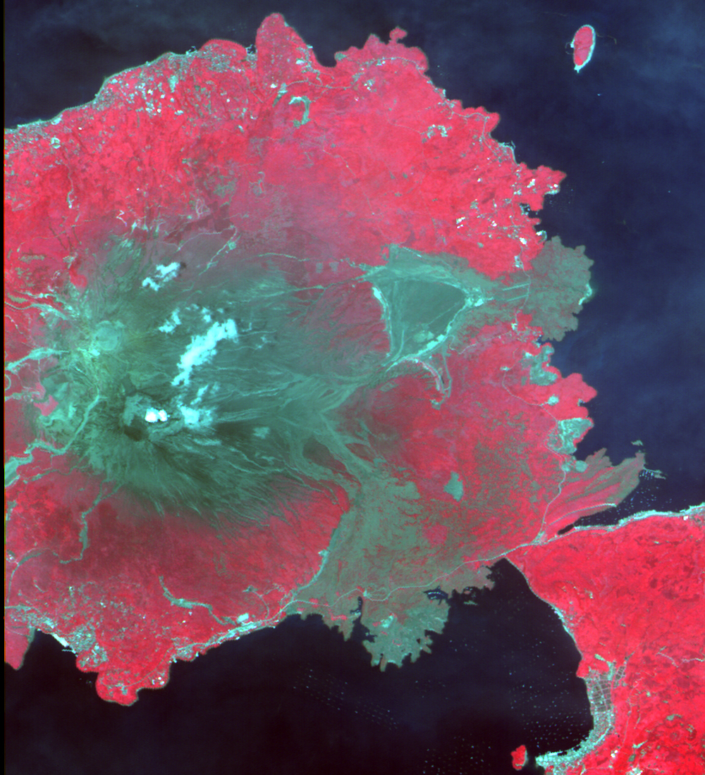 Sakurajima Island, Kagoshima Pref., Japan observed by AVNIR-2 on Jun. 20, 2006. False color combination using R,G,B=Band4,3,2 of AVNIR-2.