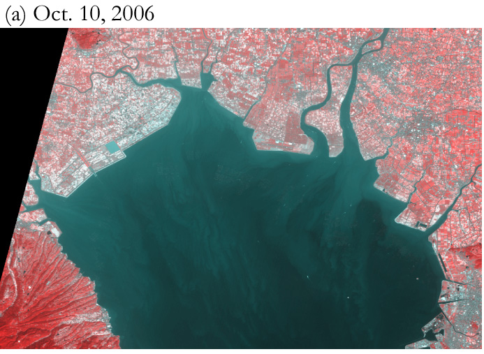 Fig.3: Zoom-up of the northern Ariake sea on October 10. They are assigned the near-infrared channel to R of RGB and assigned the red channel to G and B.