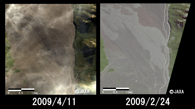 図3:2009年4月11日に陸域観測技術衛星「だいち」(ALOS)搭載の高性能可視近赤外放射計2型(アブニール・ツー)により取得したジャイマ火山南東の拡大図、左：噴火後(2009年4月11日観測)、右：噴火前(2009年2月24日観測)各約3.5km四方, 黄色丸は溶岩によって道路が寸断されていると思われるところ