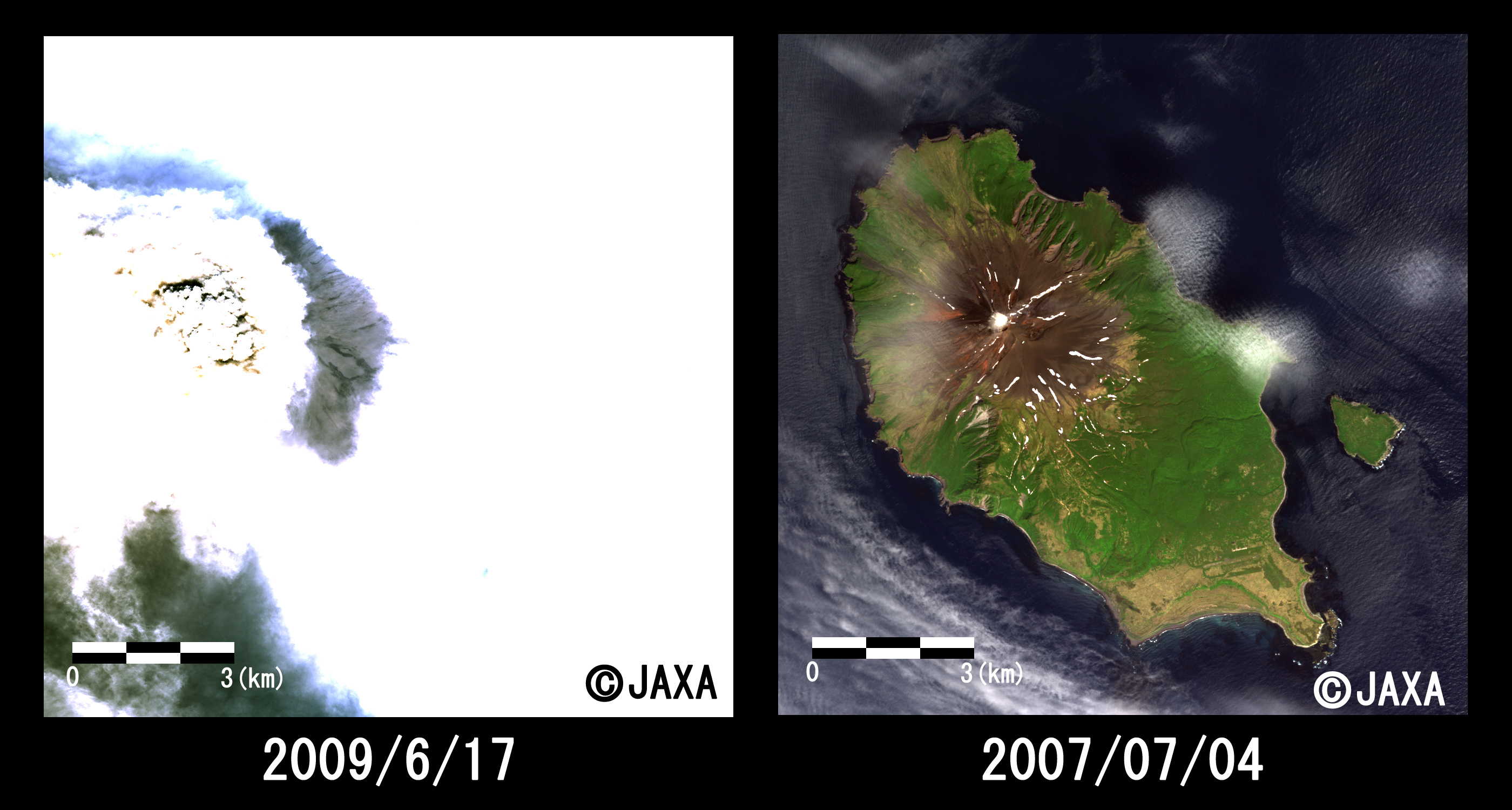 図2:陸域観測技術衛星「だいち」(ALOS)搭載の高性能可視近赤外放射計2型(アブニール・ツー)により観測されたサリュチェフ火山火口付近の拡大図、左：噴火後(2009年6月17日観測)、右：噴火前(2007年7月4日観測)、それぞれ約12km四方