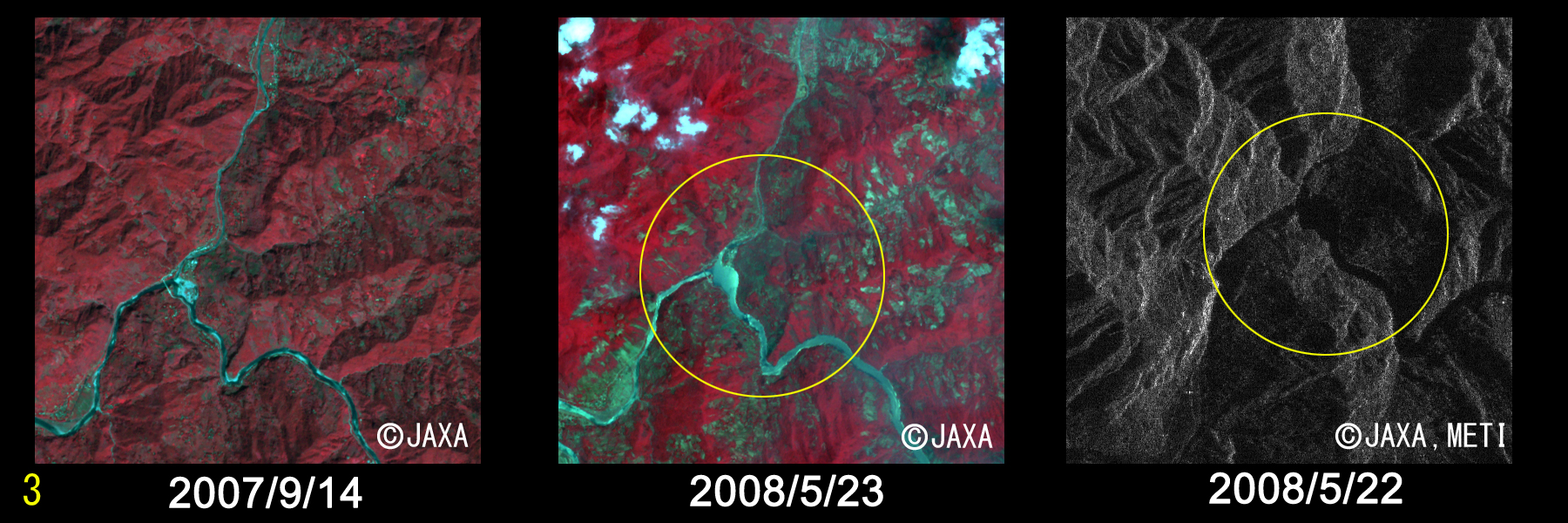 }3(3):5kml؂og摜,:2007N914(ЊQO)ϑ, :2008N523ϑ, E:2008N522ϑPALSAR摜, O(2008N52212:15)ϑꂽPALSAR̉摜łAlɐ삪Ălq(摜ł͈Â镔)