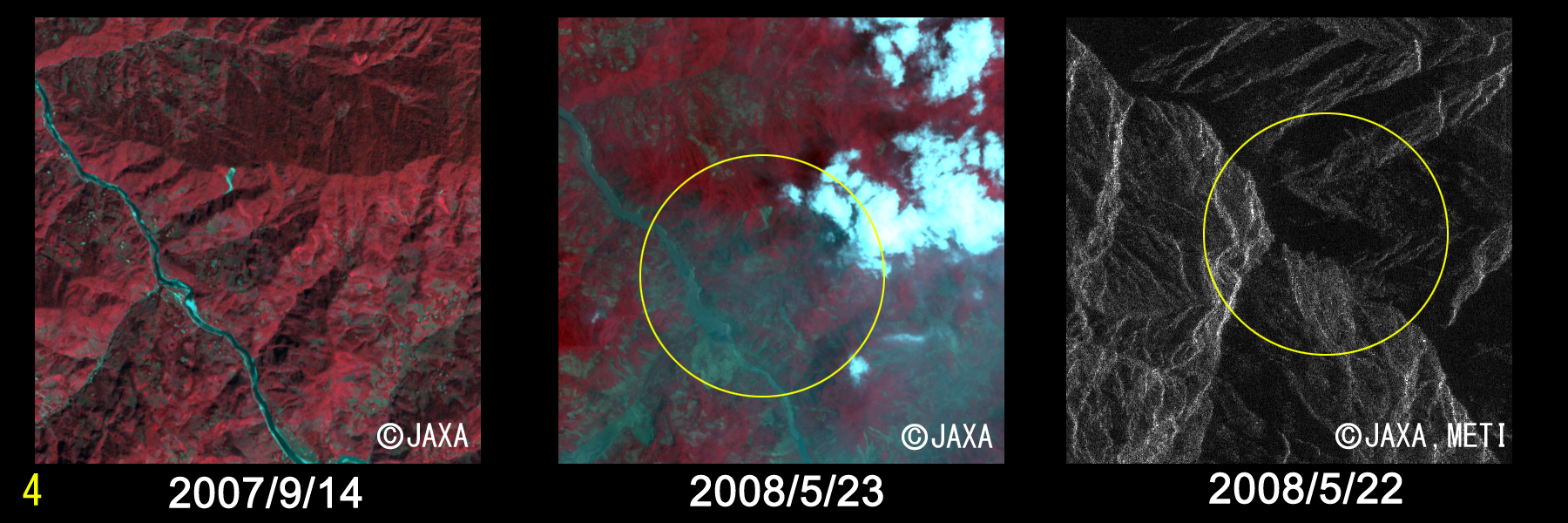 図3(4):5km四方切り出し拡大画像,左:2007年9月14日(災害前)観測, 中央:2008年5月23日観測, 右:2008年5月22日観測PALSAR画像, 前日(2008年5月22日12:15頃)観測されたPALSARの画像でも、同様に川が増水している様子が分かる(画像では暗く見える部分)