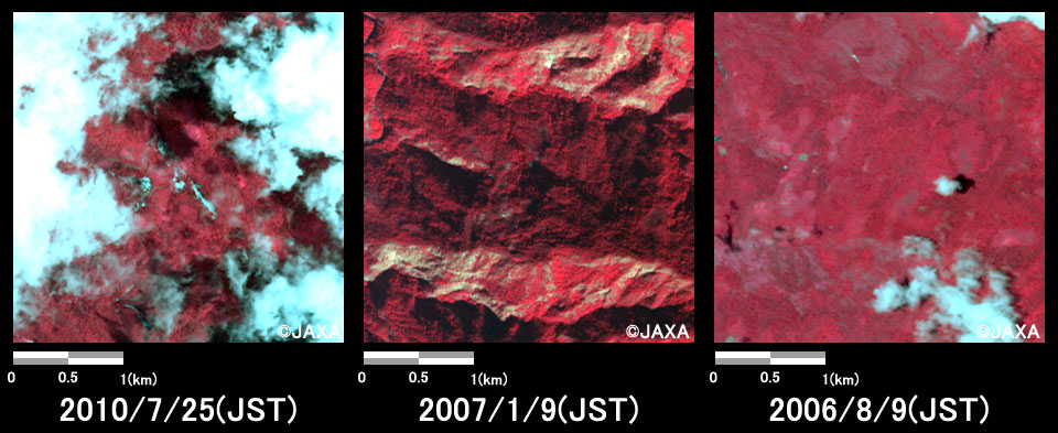 図2:陸域観測技術衛星「だいち」搭載センサ、アブニール・ツーで観測された土石流の発生したブータンTsirang県南西部付近の拡大(それぞれ3km四方)。左：2010年7月25日 (災害発生後)、中央：2007年1月9日(災害発生前)、右： 2006年8月9日(災害発生前)