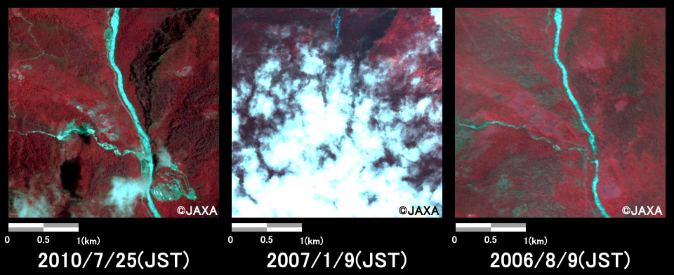 図2:陸域観測技術衛星「だいち」搭載センサ、アブニール・ツーで観測された土石流の発生したブータンWangdue Phodrang県南西部付近の拡大(それぞれ3km四方)。左：2010年7月25日 (災害発生後)、中央：2007年1月9日(災害発生前)、右： 2006年8月9日(災害発生前)