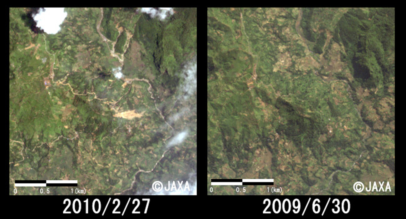 図2:陸域観測技術衛星「だいち」(ALOS)搭載センサ高性能可視近赤外放射計2型(アブニール・ツー)により観測されたPangalenganから南約10km付近の拡大(それぞれ3km四方)、左：災害後観測(2010年2月27日)、右：災害前観測(2009年6月30日)