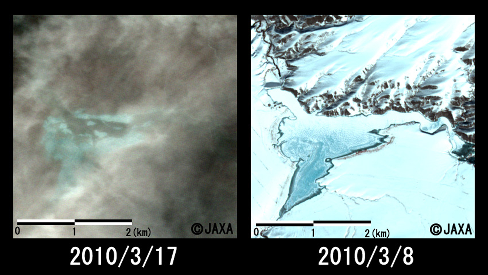 図5:陸域観測技術衛星「だいち」(ALOS)により観測された決壊したと思われるKyzylダム付近を拡大したアブニール・ツー画像(それぞれ約4km四方)、左：災害後(2010年3月17日)観測、右：災害前(2010年3月8日)観測のフォールスカラー画像