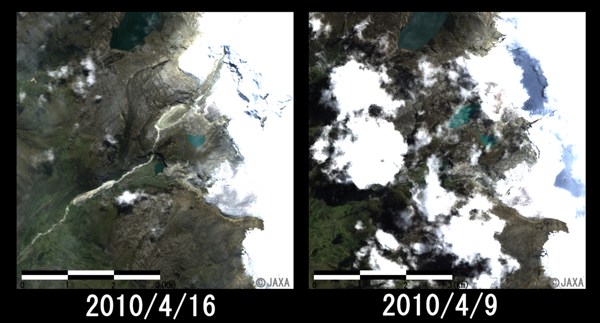 図3:陸域観測技術衛星「だいち」(ALOS)搭載センサ高性能可視近赤外放射計2型(アブニール・ツー)により観測された氷河が崩落したと考えられる湖の拡大(それぞれ約6km×6kmのエリア)、左：氷河崩落後(2010年4月16日), 右：氷河崩落前(2010年4月9日)