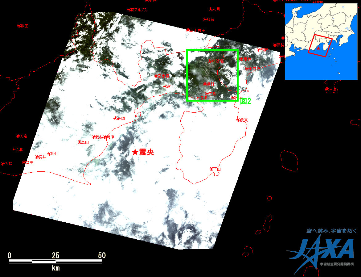 図1:陸域観測技術衛星「だいち」(ALOS)搭載の高性能可視近赤外放射計2型(アブニール・ツー)により地震発生後(日本時間2009年午前11時1分頃)に取得した画像全体と位置関係